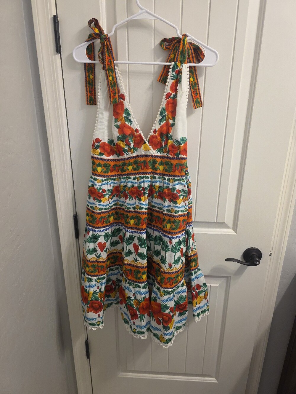 Farm Rio White Floral Tie-Shoulder Midi Dress with Orange Blooms - Picture 2 of 4